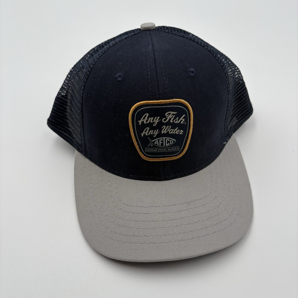 AFTCO Any Fish Any Water Switcher Trucker Hat Navy Blue Gray Mesh NWT
